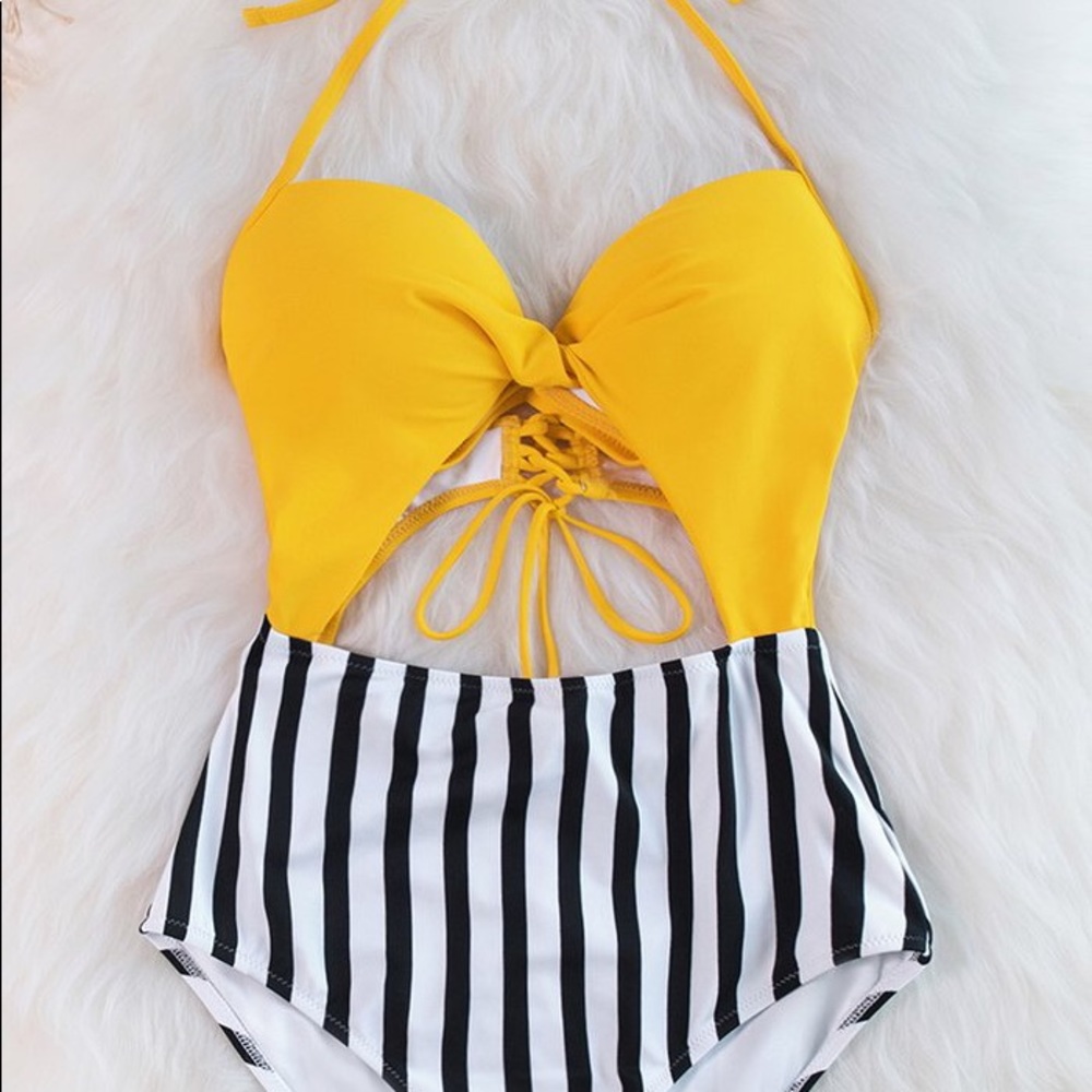 Cupshe yellow and striped one piece swimsuit